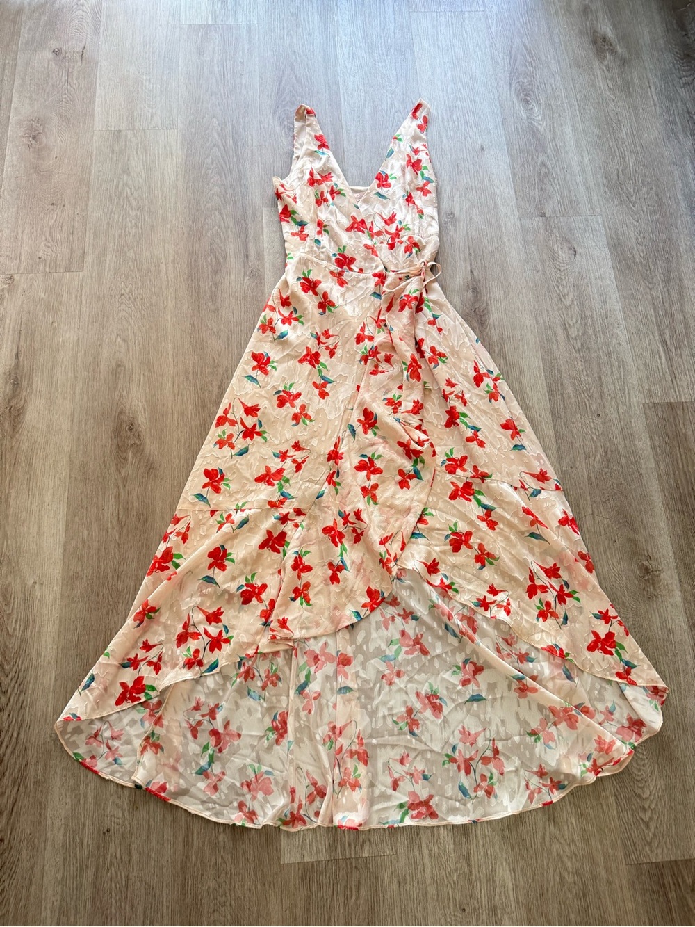 hutch cream & red floral print sleevless wrap maxi summer sun dress small NEW